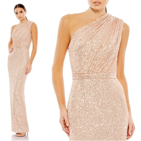 MAC DUGGAL Sequin One-Shoulder Column Gown in Rose Pink Size US 8 - Picture 1 of 11
